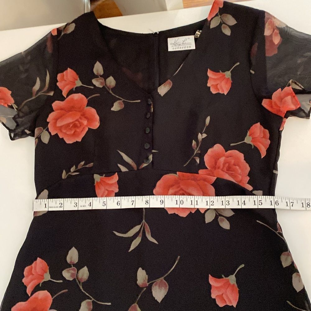 Vintage 90's Kathie Lee Black Rose Print Midi Dress Size 8 - Picture 10 of 12